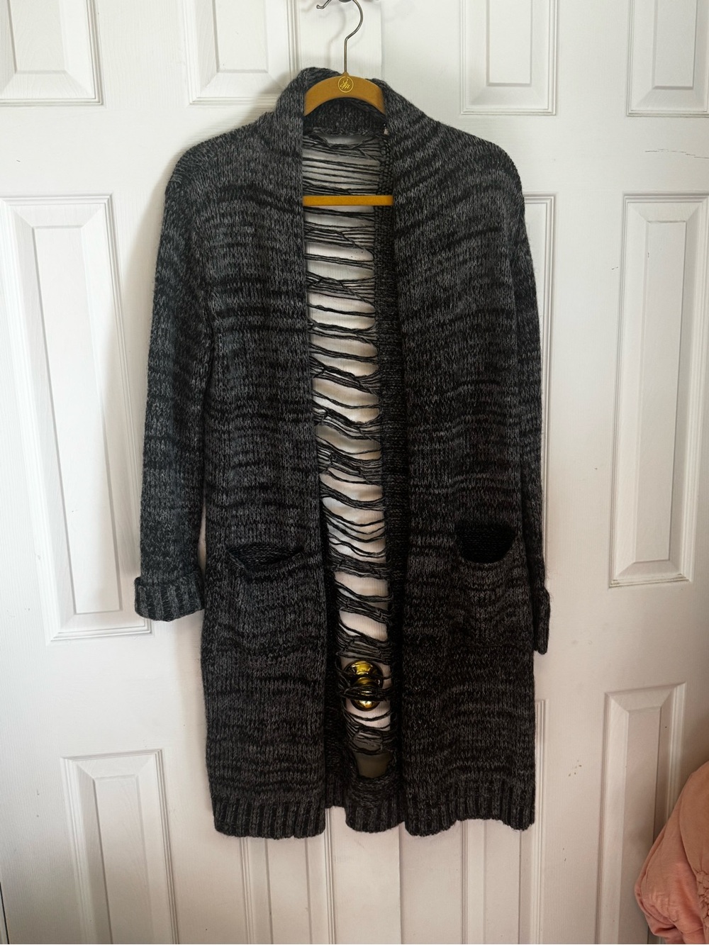Hem & Thread Charcoal Open-Front Fringe Knit Cardigan